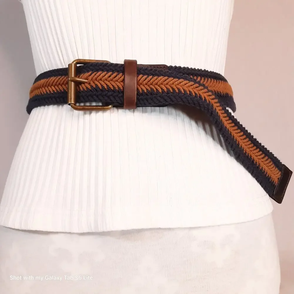 💎BCBGMaxazria Woven Surcingle Belt XS/S Navy Blue Burnt Orange